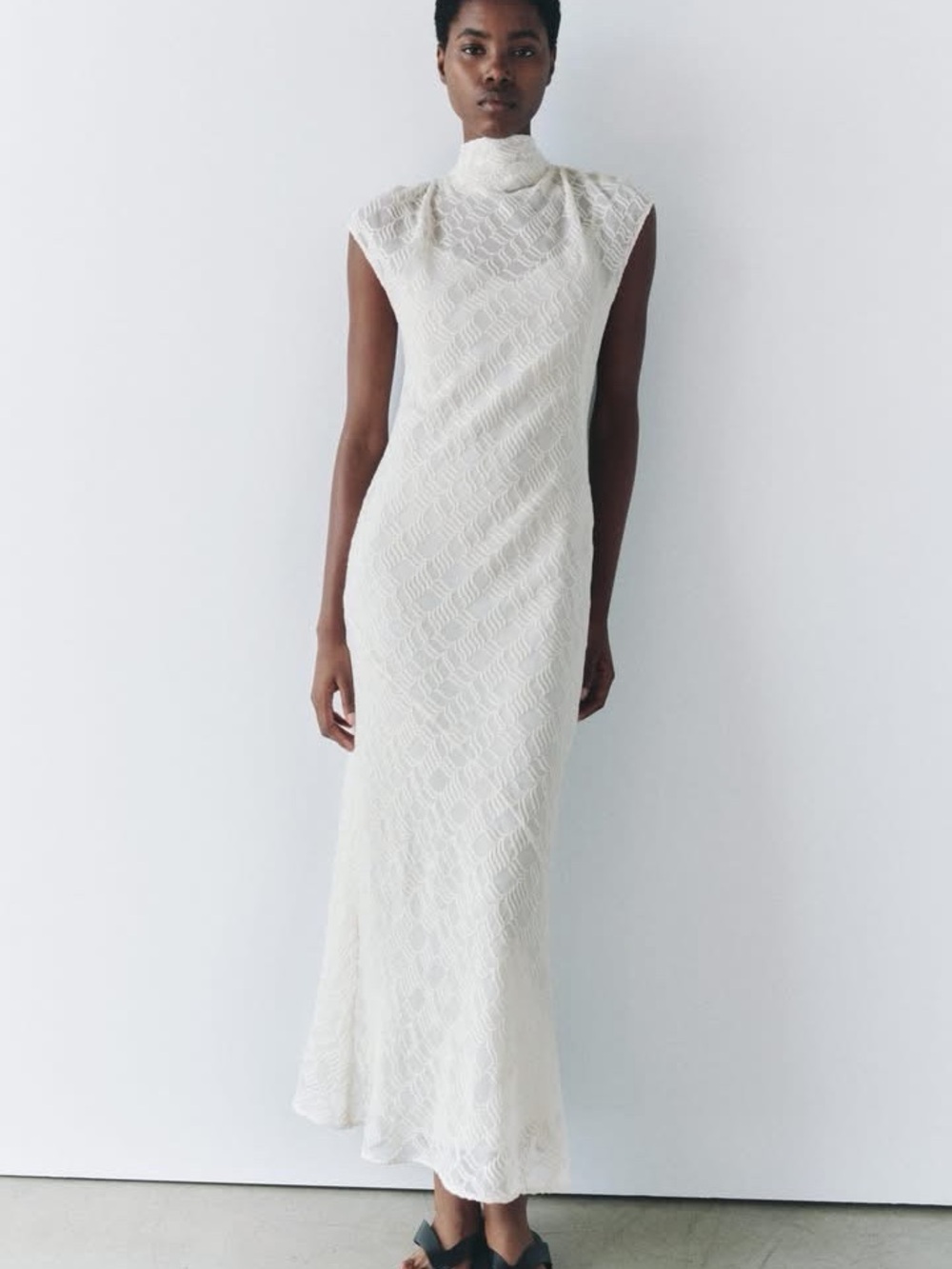 Zara Embroidered Open Back High Neck Maxi Dress Oyster White Size S